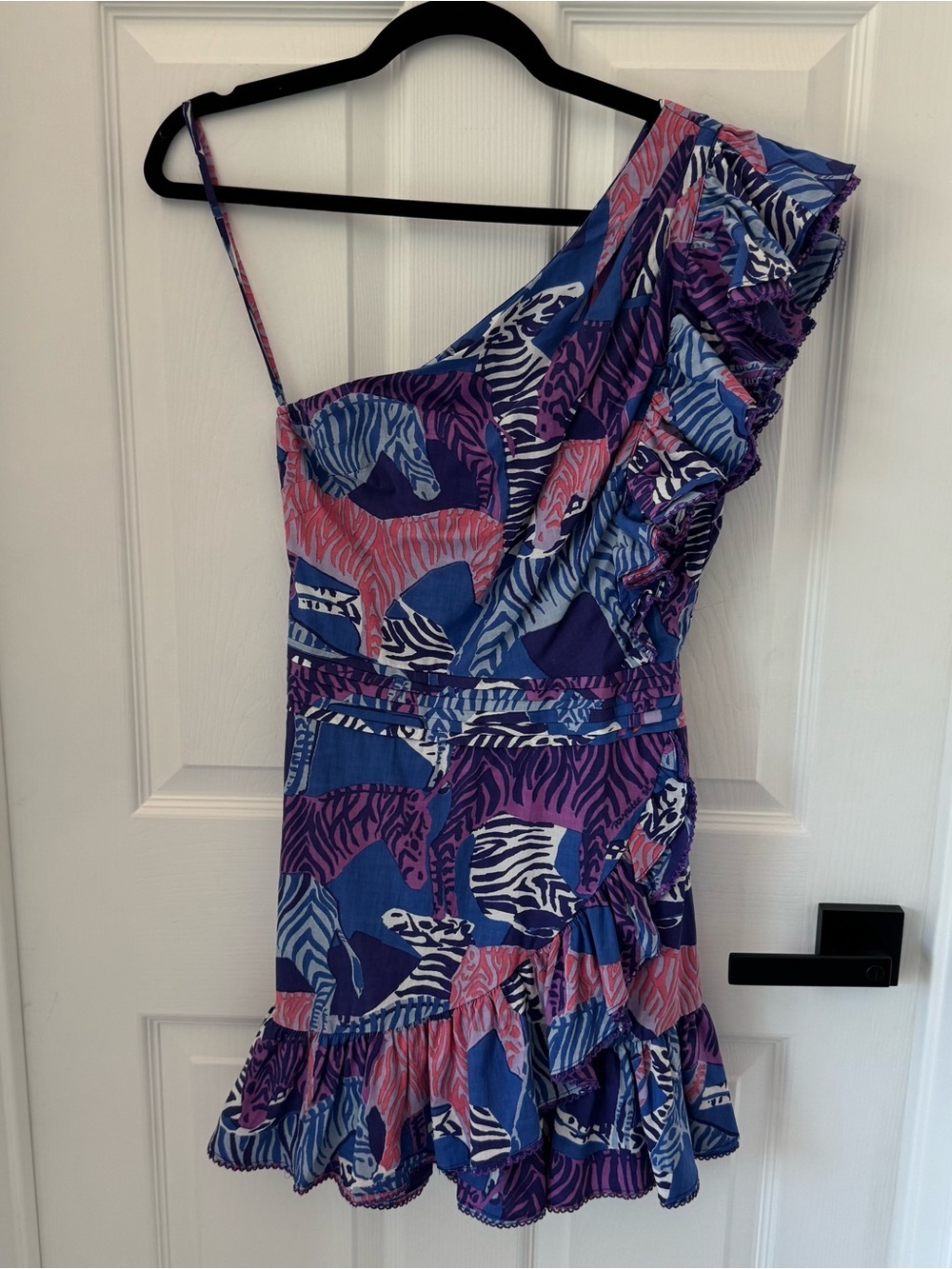 Poupette St Barth NWT Corinne Mini Dress Zebra Print One Shoulder Ruffles